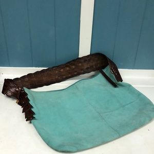 Sabrina Scala Medium aqua blue suede Leather Hobo Shoulder Bag Purse‎